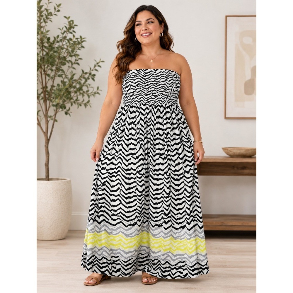 Cato Strapless Maxi Dress Chevron Print Black White Yellow Smocked Bodice 18/20W